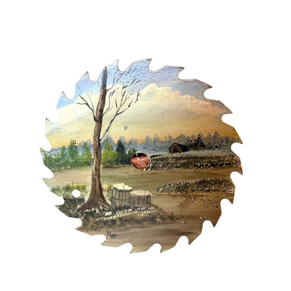 Hand-Painted Landscape Art On Vintage Saw Blade - Tree Barrels Rural Scene - Picture 4 of 12